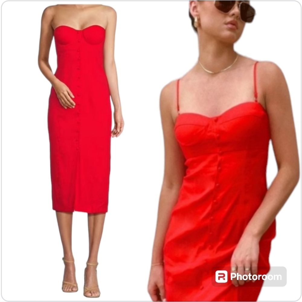 NWT Antonio Melani Marcie Stretch Linen Red Midi Dress Sweetheart Neck 10 - Picture 4 of 15